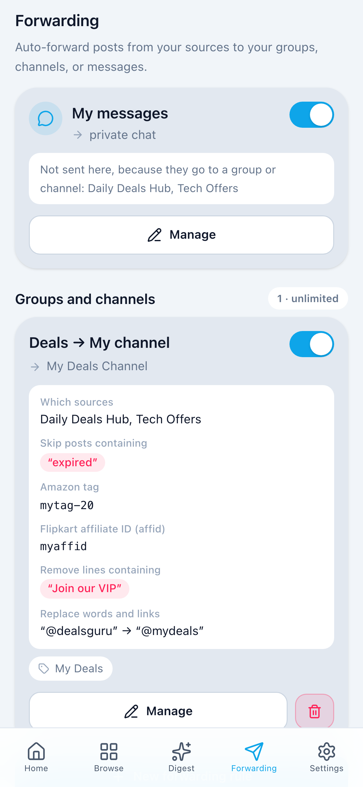Forwarding tab in the Aggregaat mini app: My messages and a forwarding rule with an Amazon tag, a Flipkart ID, a removed line and a swapped handle
