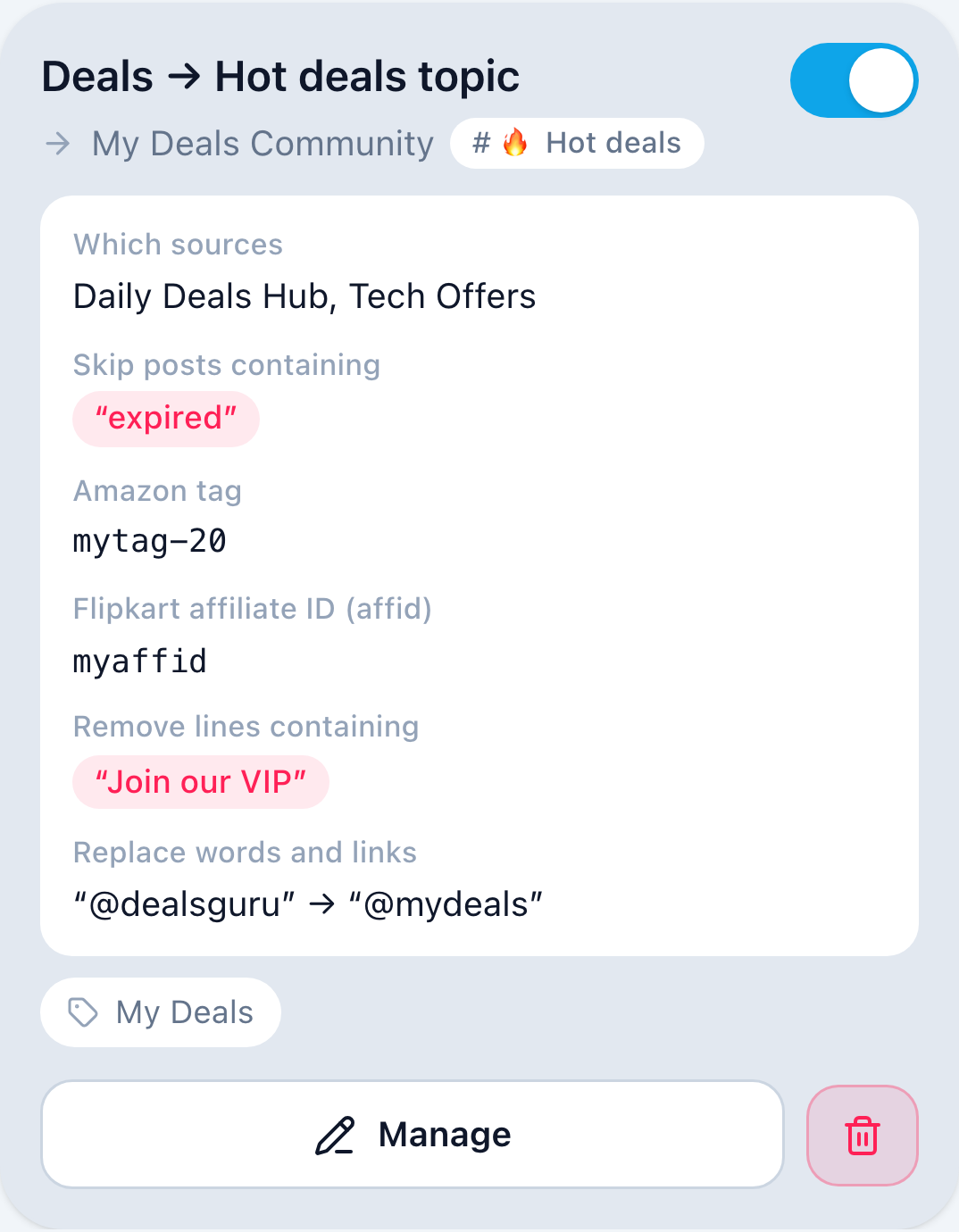 Forwarding rule card: Deals → Hot deals topic, forwarding to My Deals Community, topic # 🔥 Hot deals