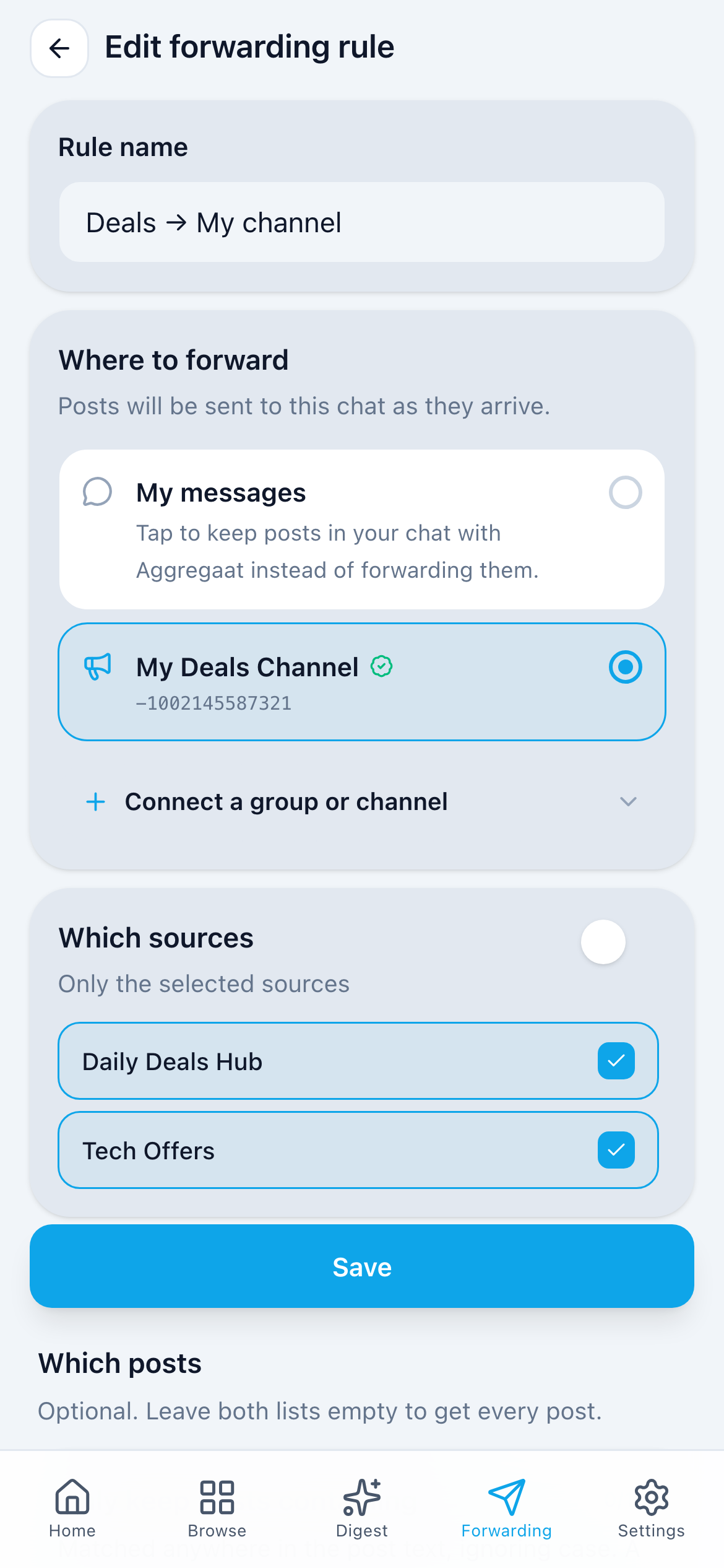 Forwarding rule editor: Rule name, Where to forward and Which sources