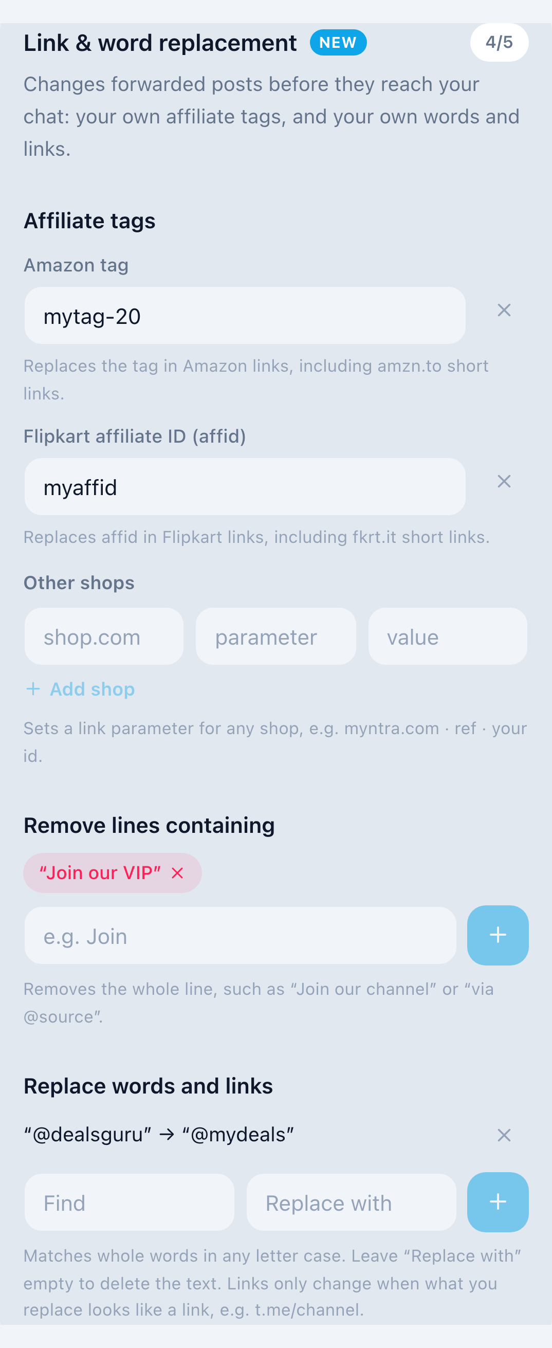 Link & word replacement in a forwarding rule: Amazon tag, Flipkart affiliate ID, a removed line and a word replacement, 4 of 5 used