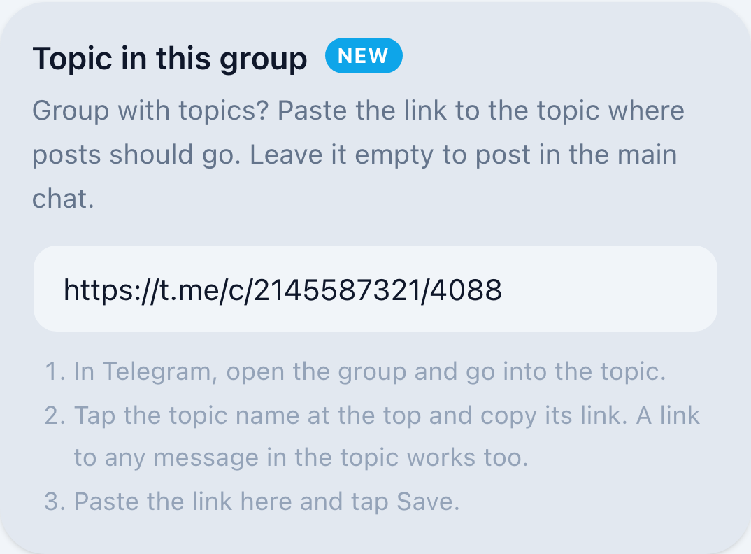 Topic in this group field with a pasted topic link and the three steps to copy it