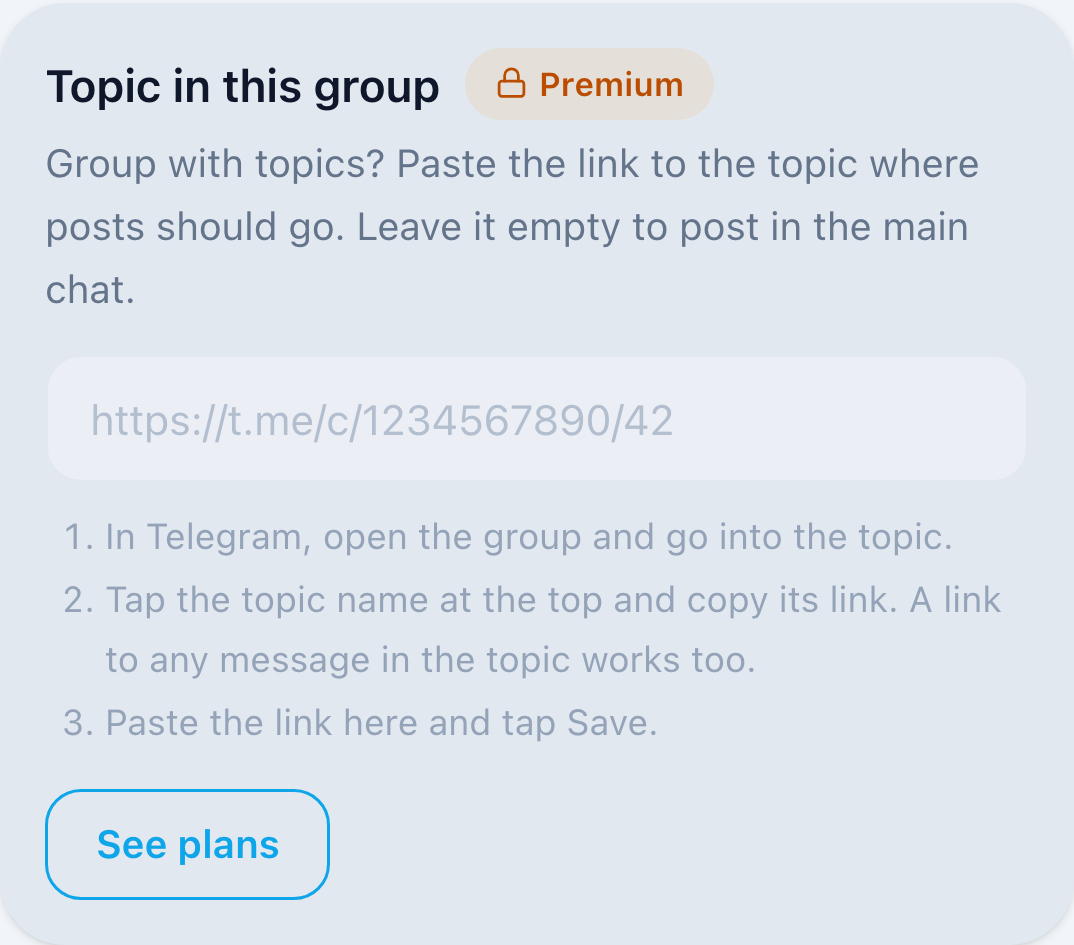 Topic in this group locked on Standard, with a Premium badge and a See plans button