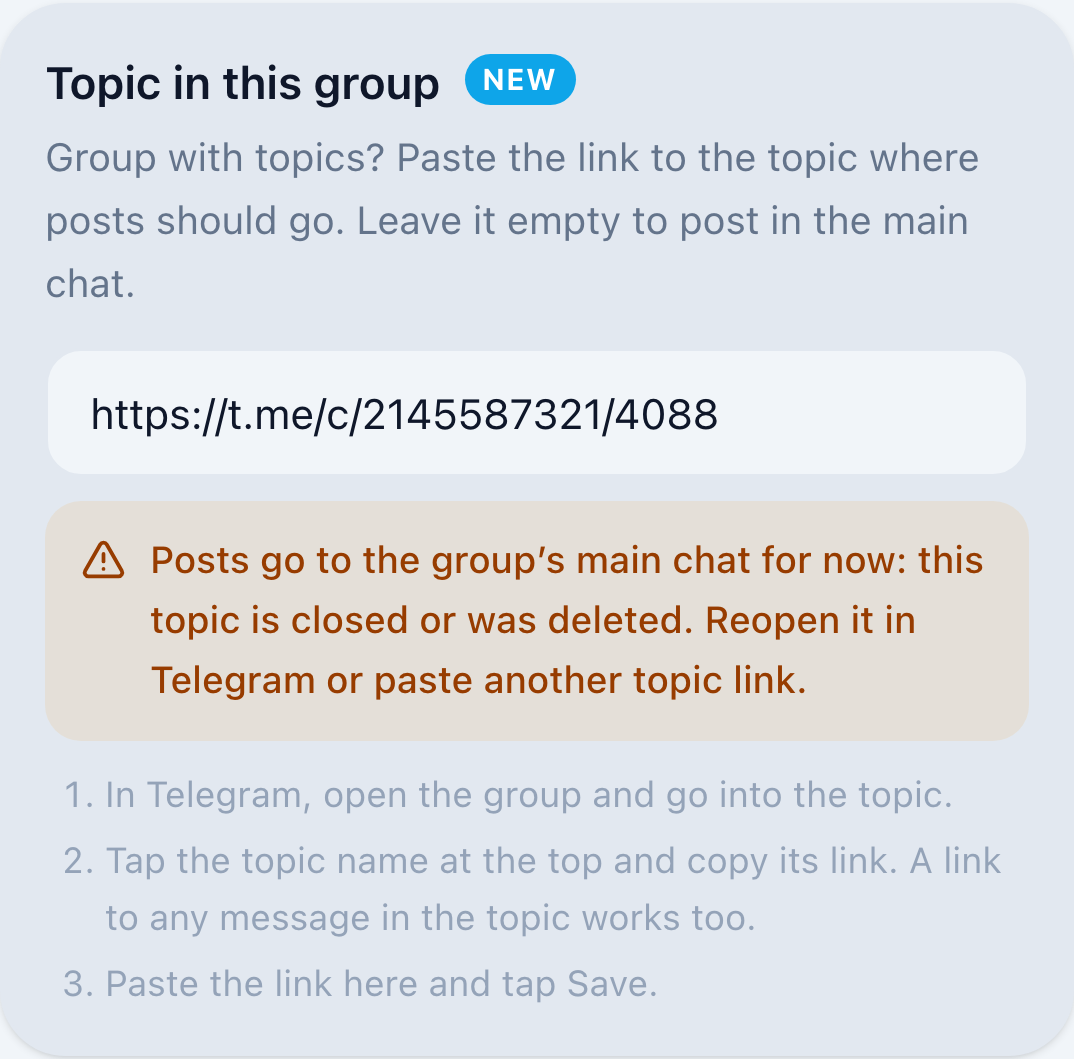 Topic in this group with a warning: posts go to the group’s main chat for now, because the topic is closed or was deleted